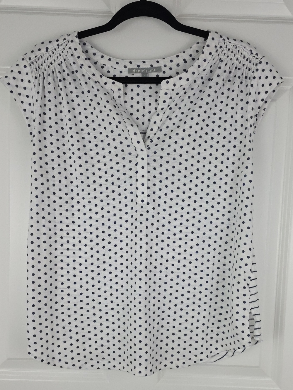 Daniel Rainn Linen Blend White W/ Blue Polka Dot/Striped Cap Sleeve Top Sz Large